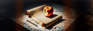 A bitten apple on a newly written parchment on a marble table