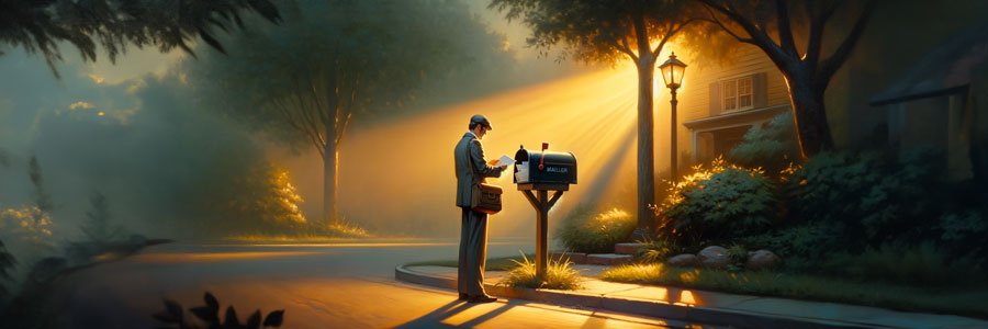 Light streams on a man checking his mail.